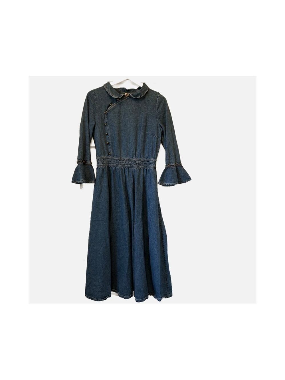 Women’s Denim Dress Sz Medium Military Style Maxi Brass Buttons Flared Cuffs